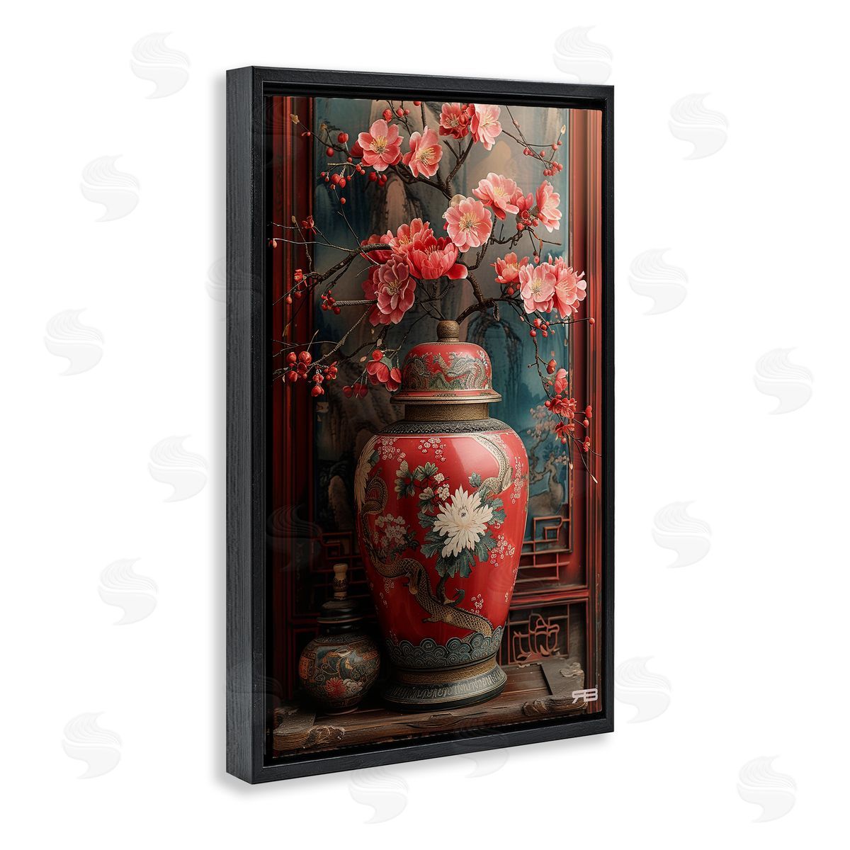 Traditional Asian Vase Black Floating Frame Canvas Wall Art, Home Decor by Roozbeh Bahramali