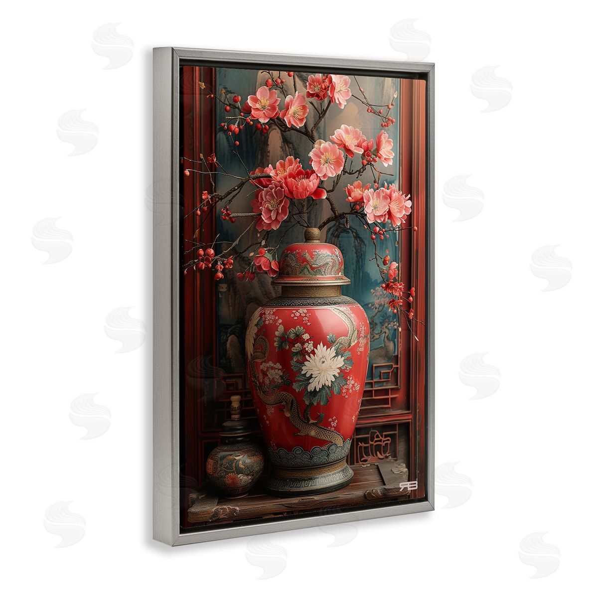 Traditional Asian Vase Grey Floating Frame Canvas Wall Art, Home Decor by Roozbeh Bahramali
