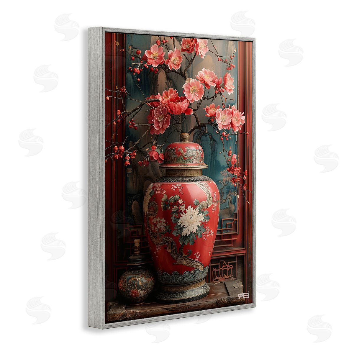 Traditional Asian Vase Grey Frame Print Wall Art, Home Decor by Roozbeh Bahramali