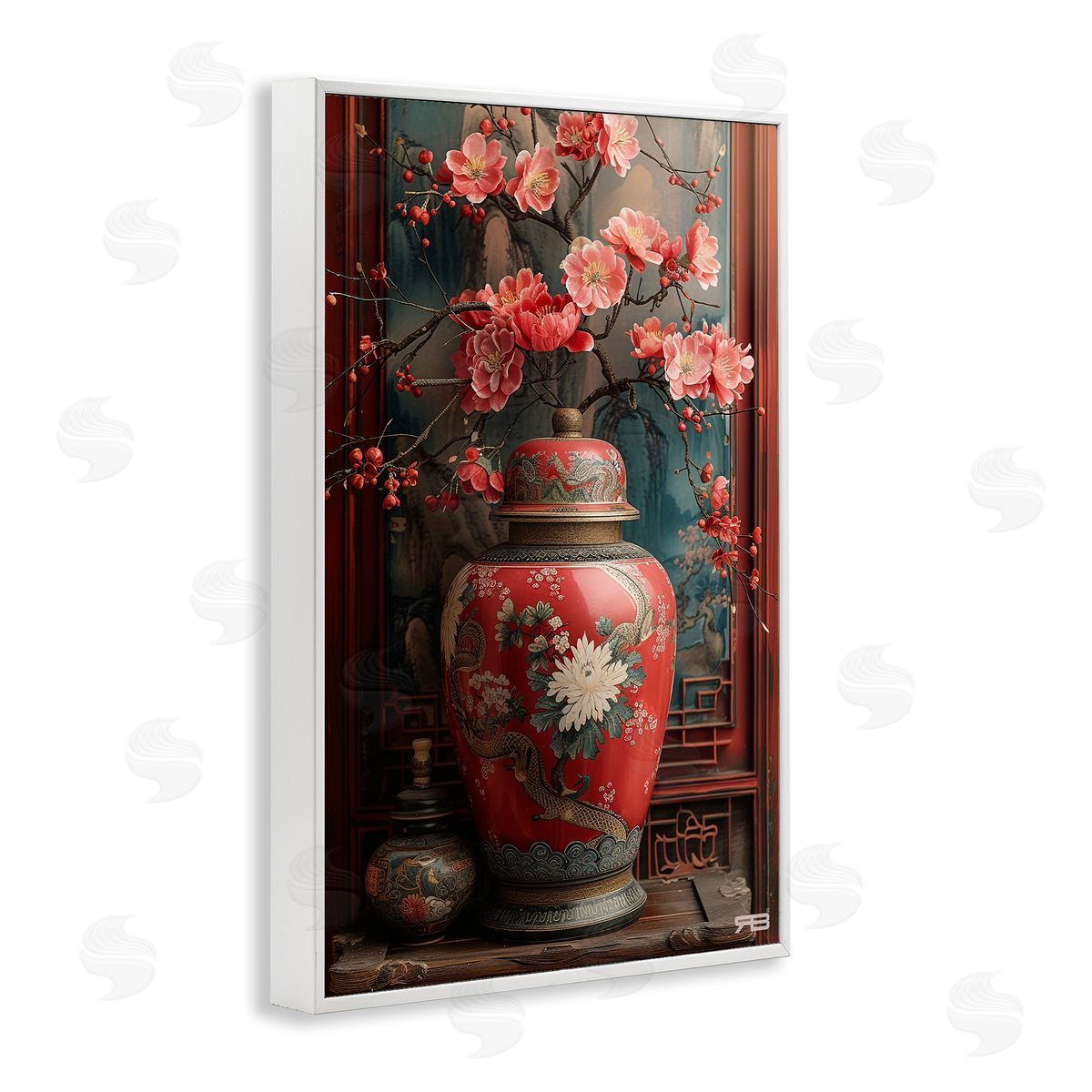 Traditional Asian Vase White Frame Print Wall Art, Home Decor by Roozbeh Bahramali