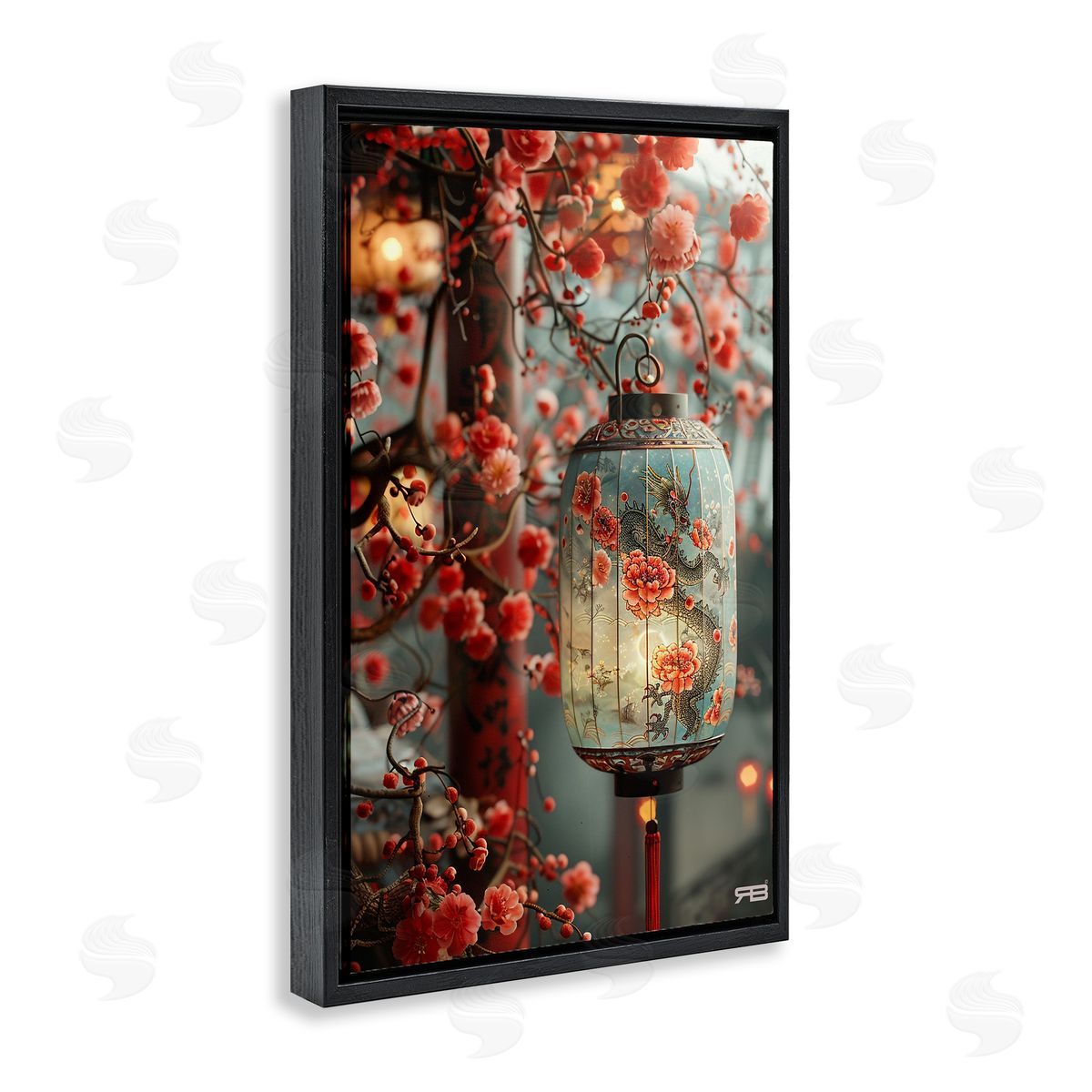 Florals with Asian Motif Black Floating Frame Canvas Wall Art, Home Decor by Roozbeh Bahramali