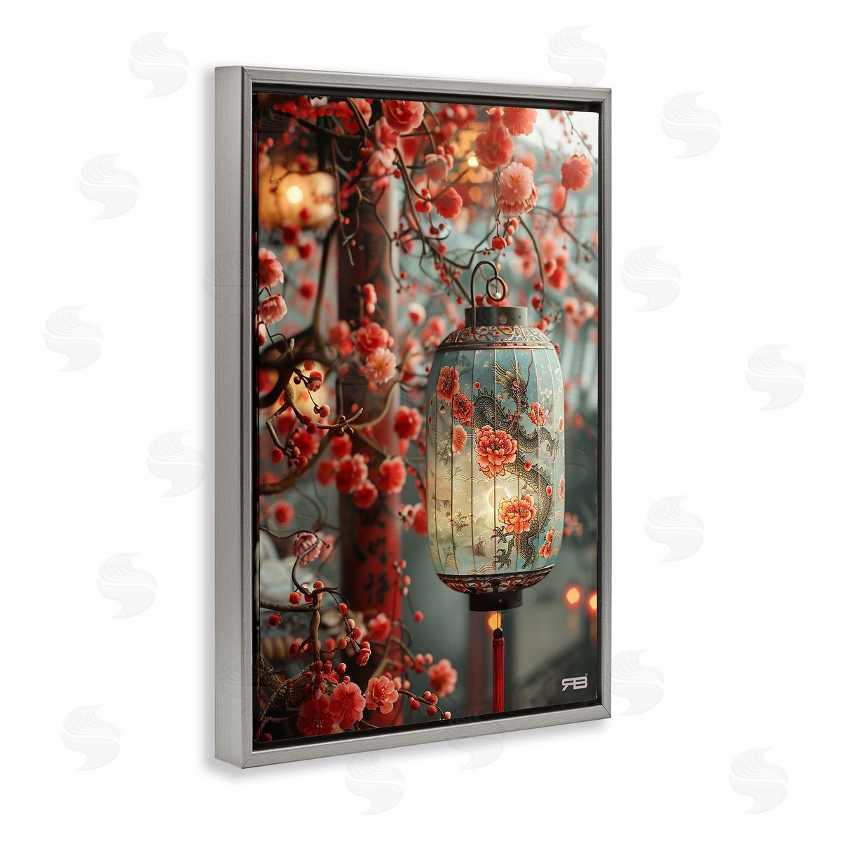 Florals with Asian Motif Grey Floating Frame Canvas Wall Art, Home Decor by Roozbeh Bahramali