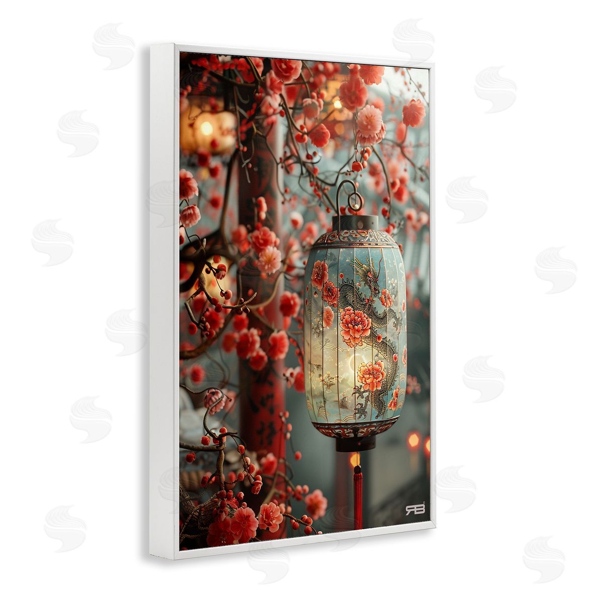 Florals with Asian Motif White Frame Print Wall Art, Home Decor by Roozbeh Bahramali