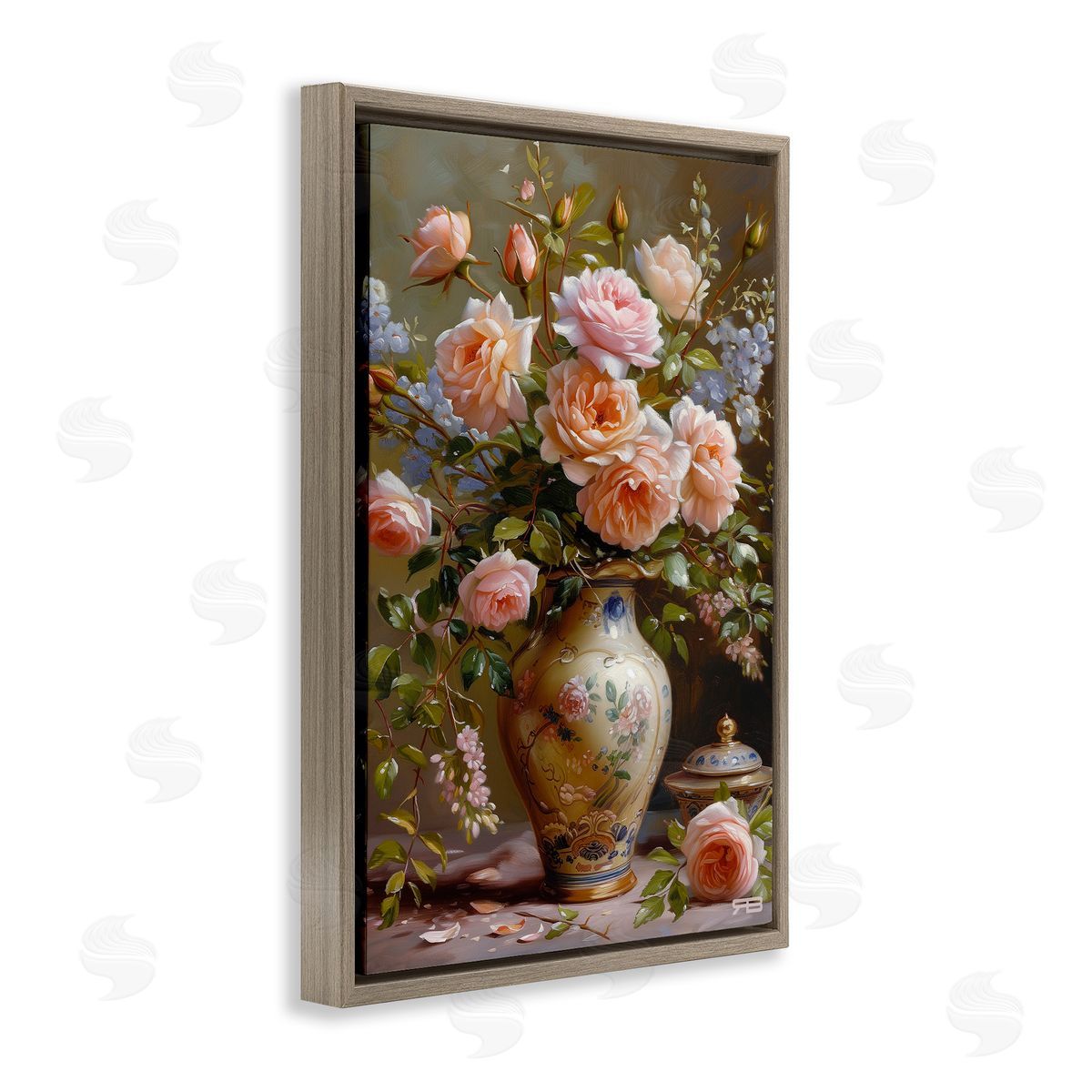 Roses in Traditional Vase Brown Floating Frame Canvas Wall Art, Home Decor by Roozbeh Bahramali