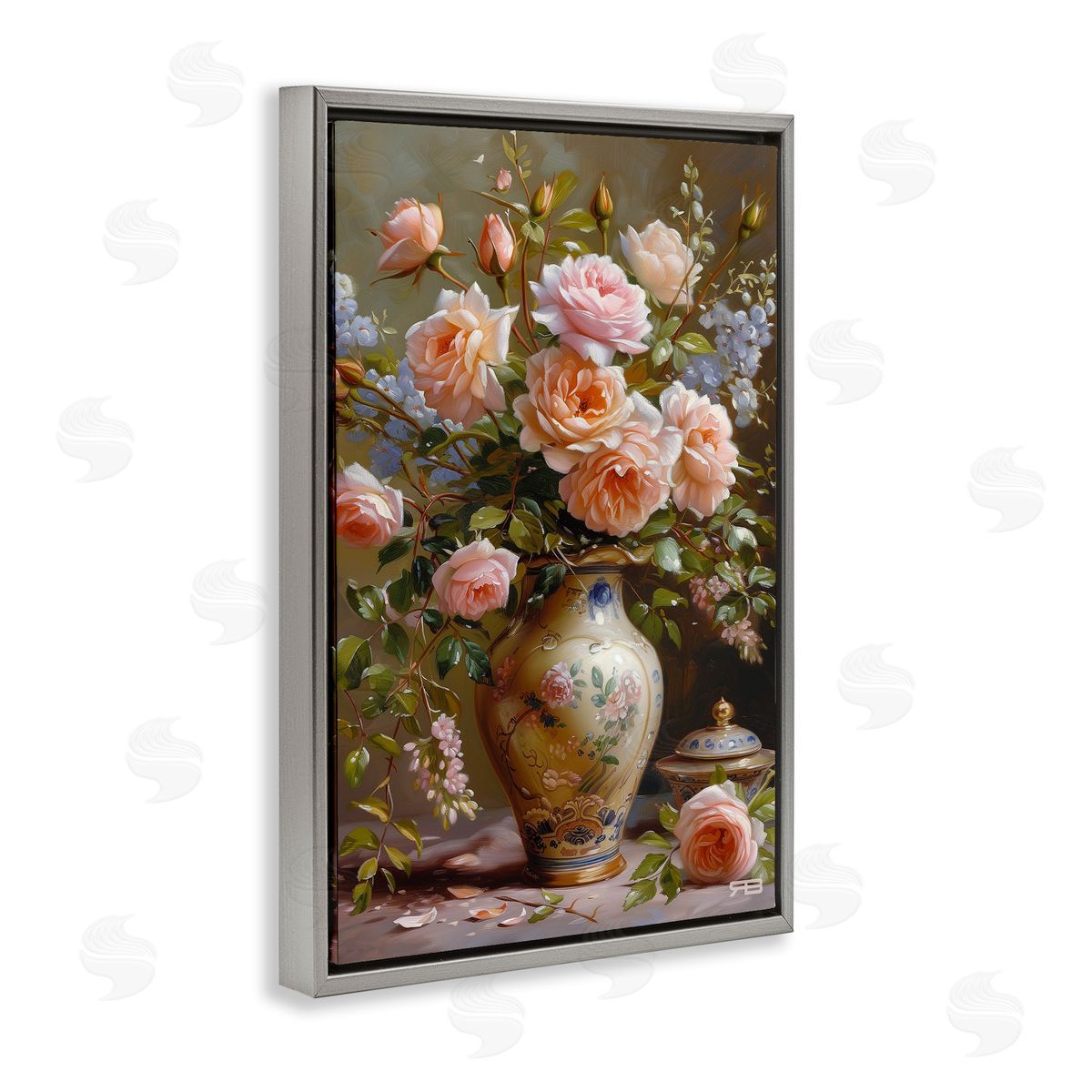 Roses in Traditional Vase Grey Floating Frame Canvas Wall Art, Home Decor by Roozbeh Bahramali