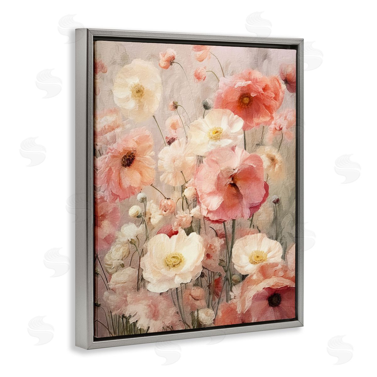 Blush Floral Pattern Grey Floating Frame Canvas Wall Art, Home Decor by RileyB