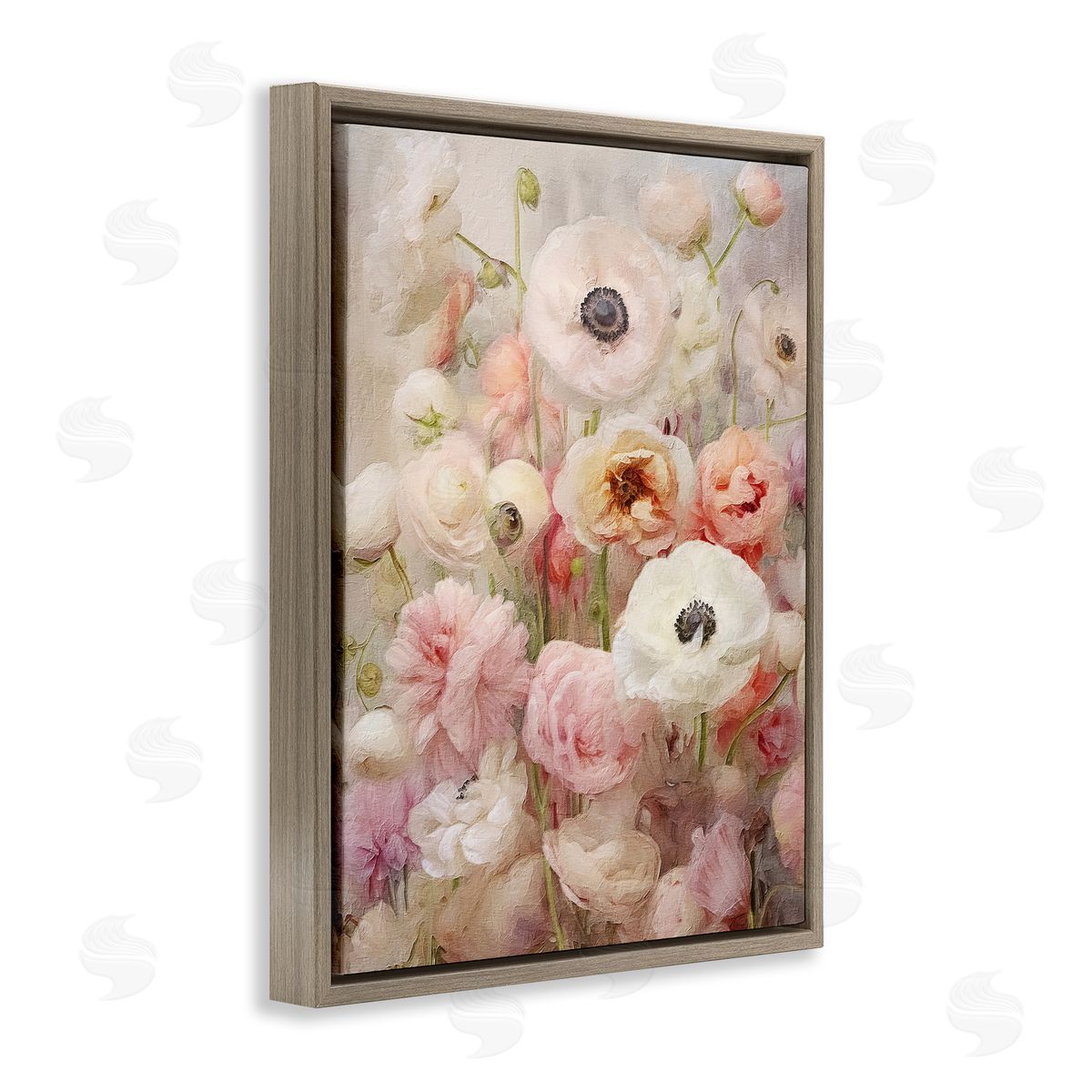 Soft Pastel Florals Brown Floating Frame Canvas Wall Art, Home Decor by RileyB