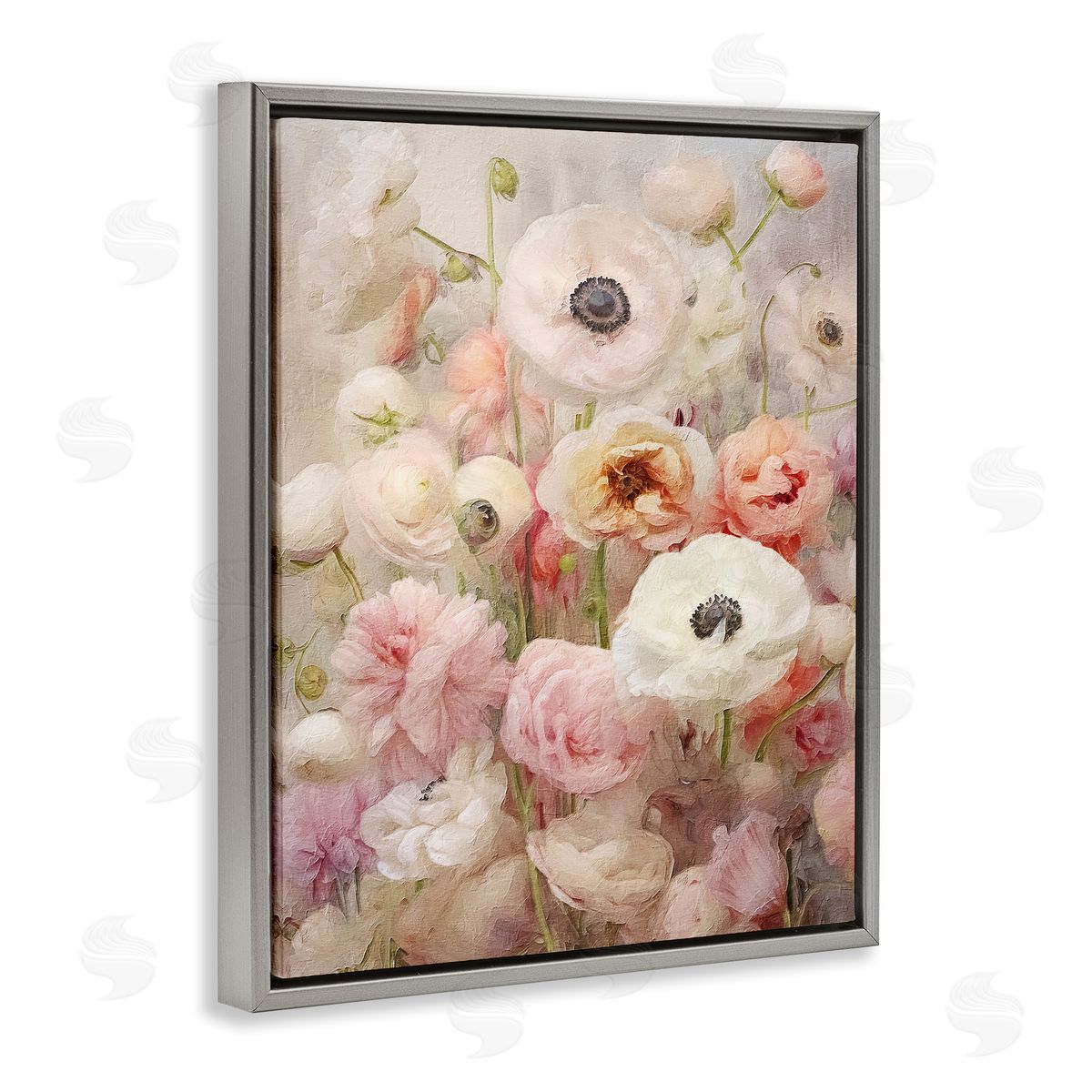 Soft Pastel Florals Grey Floating Frame Canvas Wall Art, Home Decor by RileyB