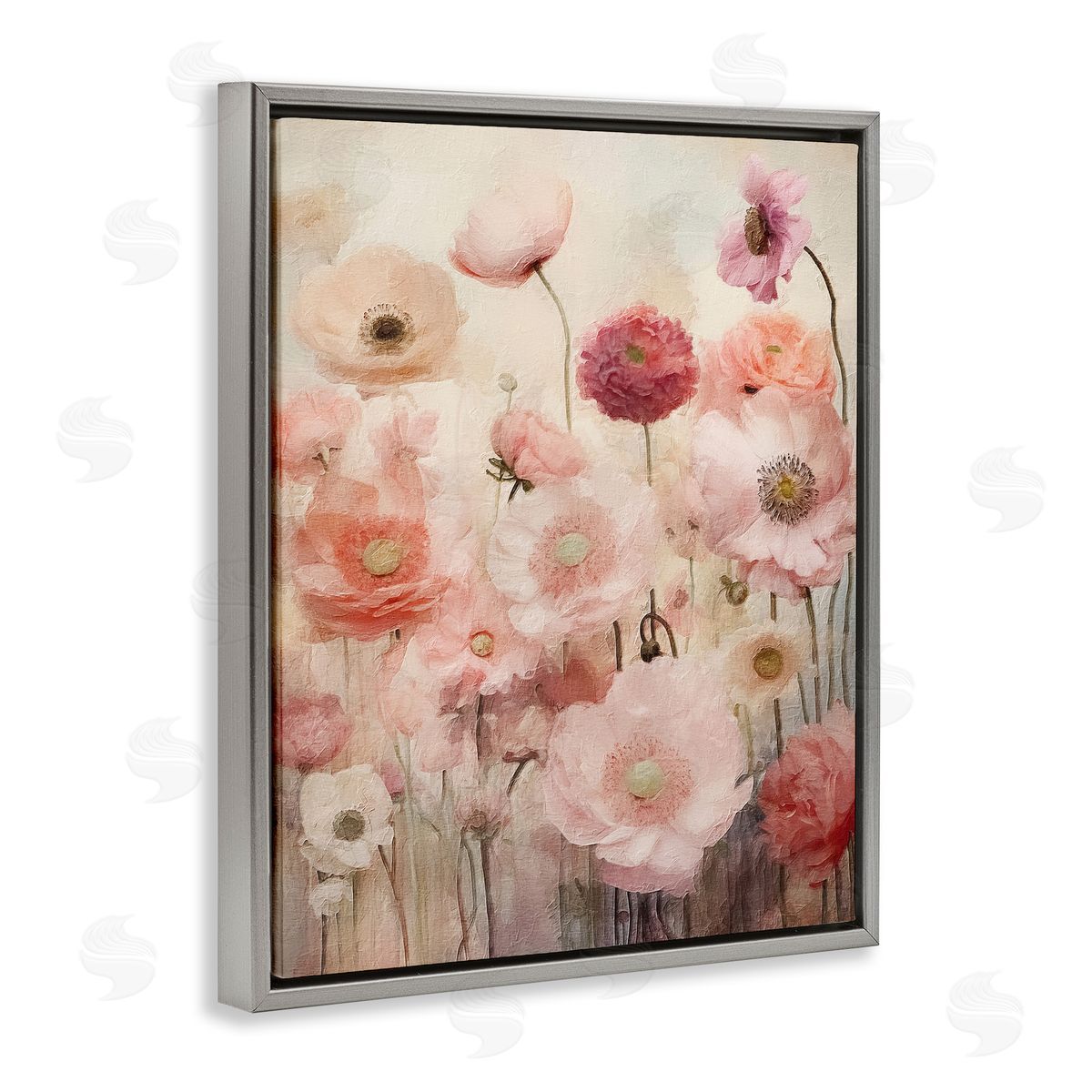 Blush Flower Garden Grey Floating Frame Canvas Wall Art, Home Decor by RileyB