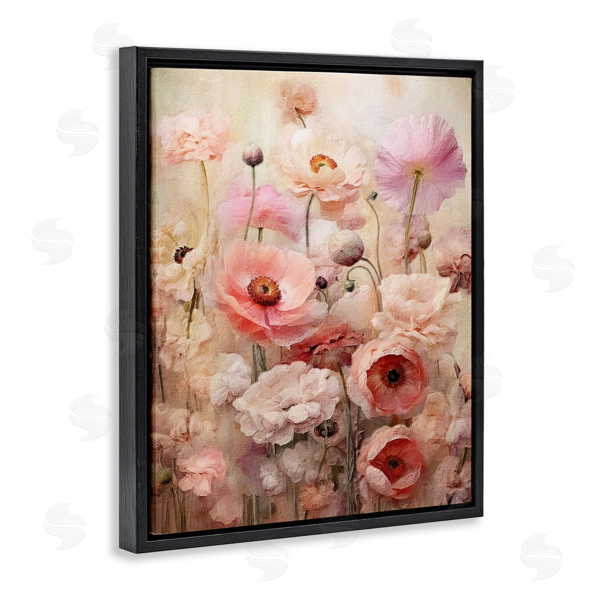 Pink Flower Garden Black Floating Frame Canvas Wall Art, Home Decor by RileyB