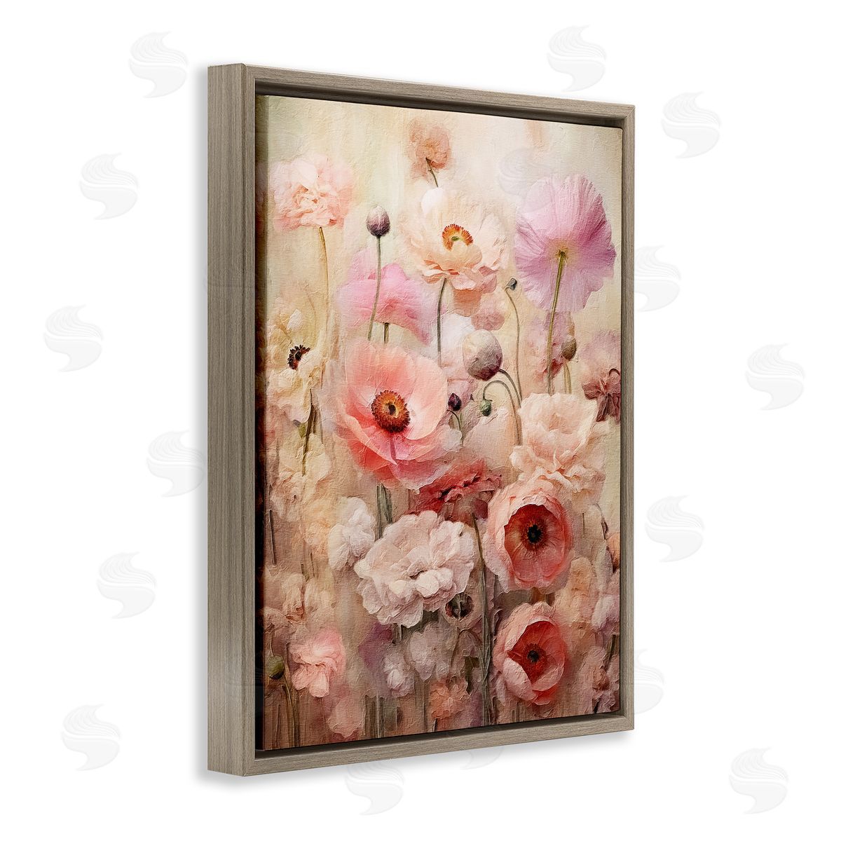Pink Flower Garden Brown Floating Frame Canvas Wall Art, Home Decor by RileyB