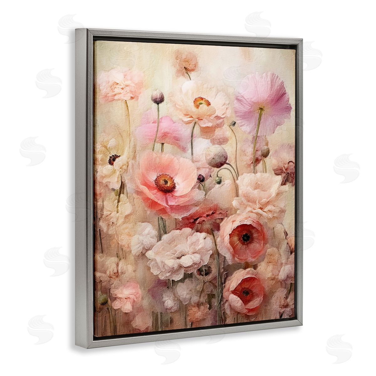 Pink Flower Garden Grey Floating Frame Canvas Wall Art, Home Decor by RileyB