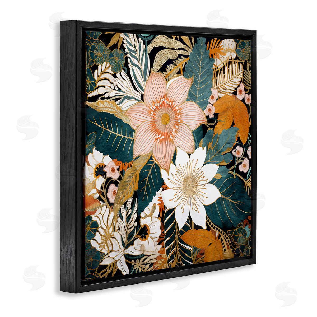 Boho Flower Pattern Black Floating Frame Canvas Wall Art, Home Decor by Sasha