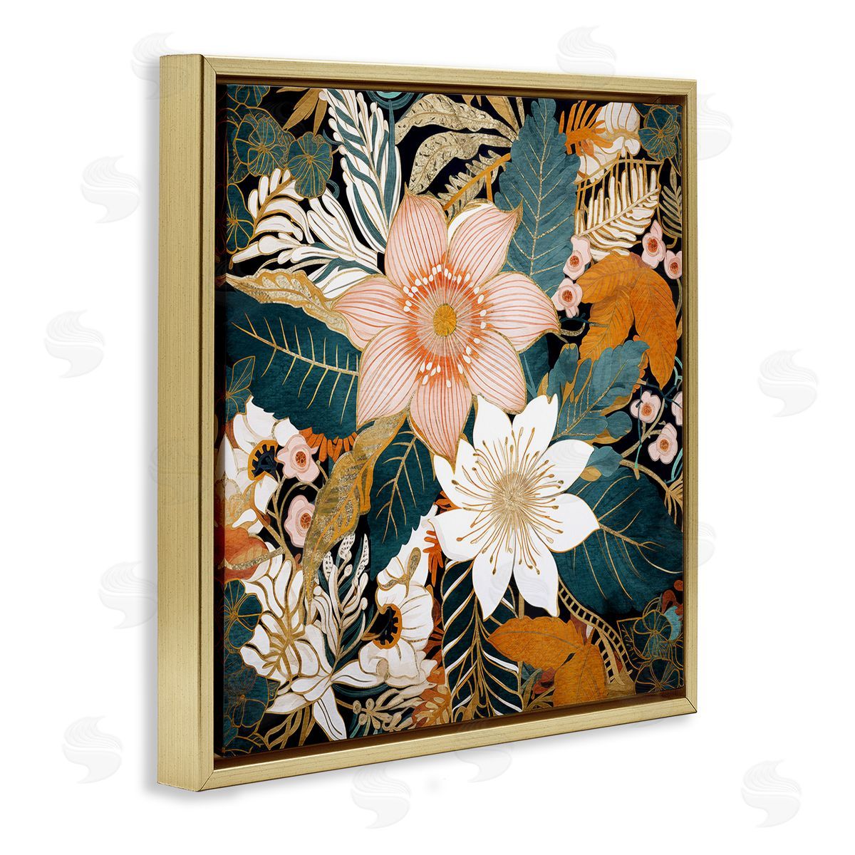 Boho Flower Pattern Gold Floating Frame Canvas Wall Art, Home Decor by Sasha