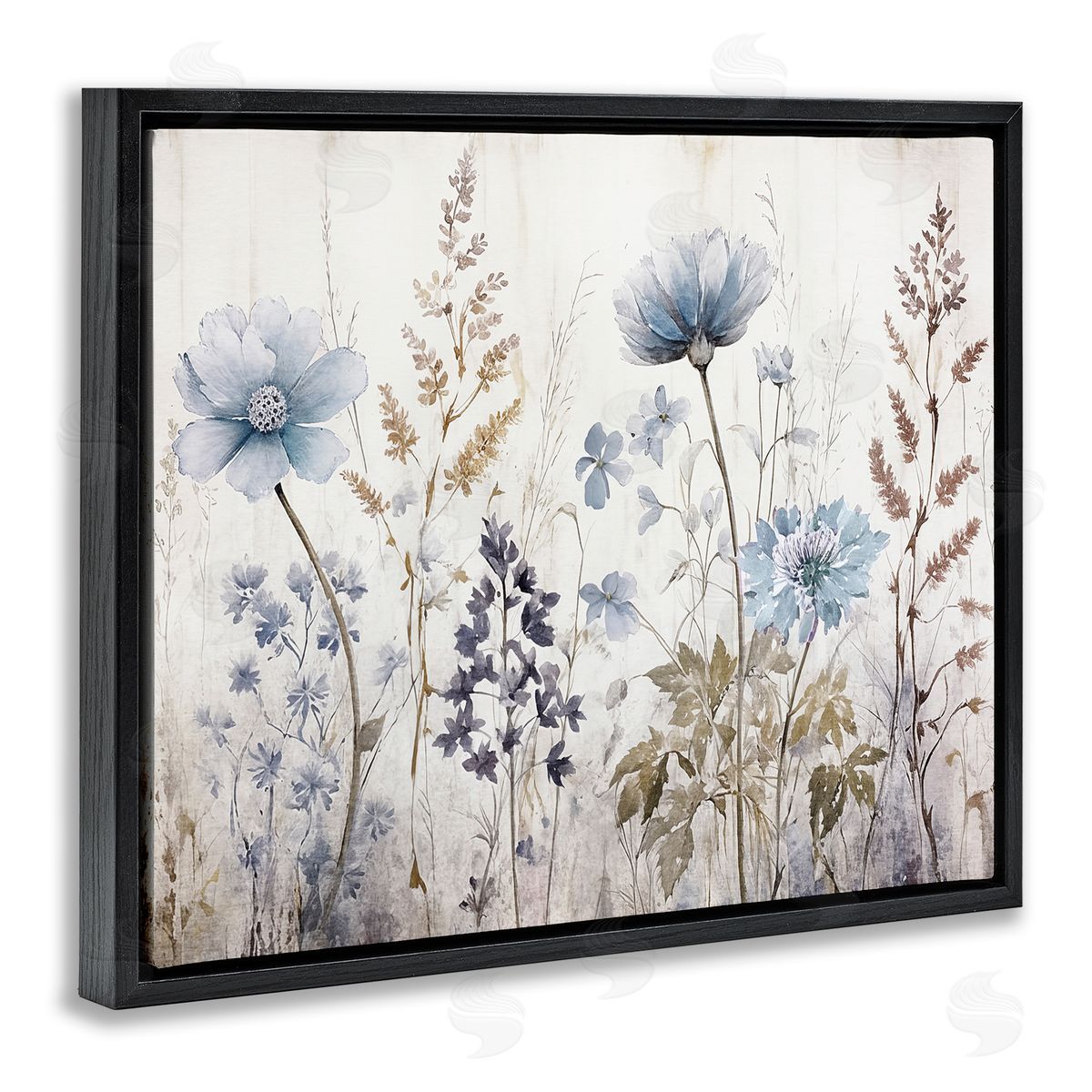Sasha Blue Nature Blossoms Black Floating Frame Canvas Wall Art Print
