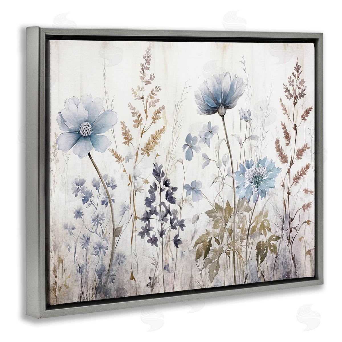 Sasha Blue Nature Blossoms Gray Floating Frame Canvas Wall Art Print