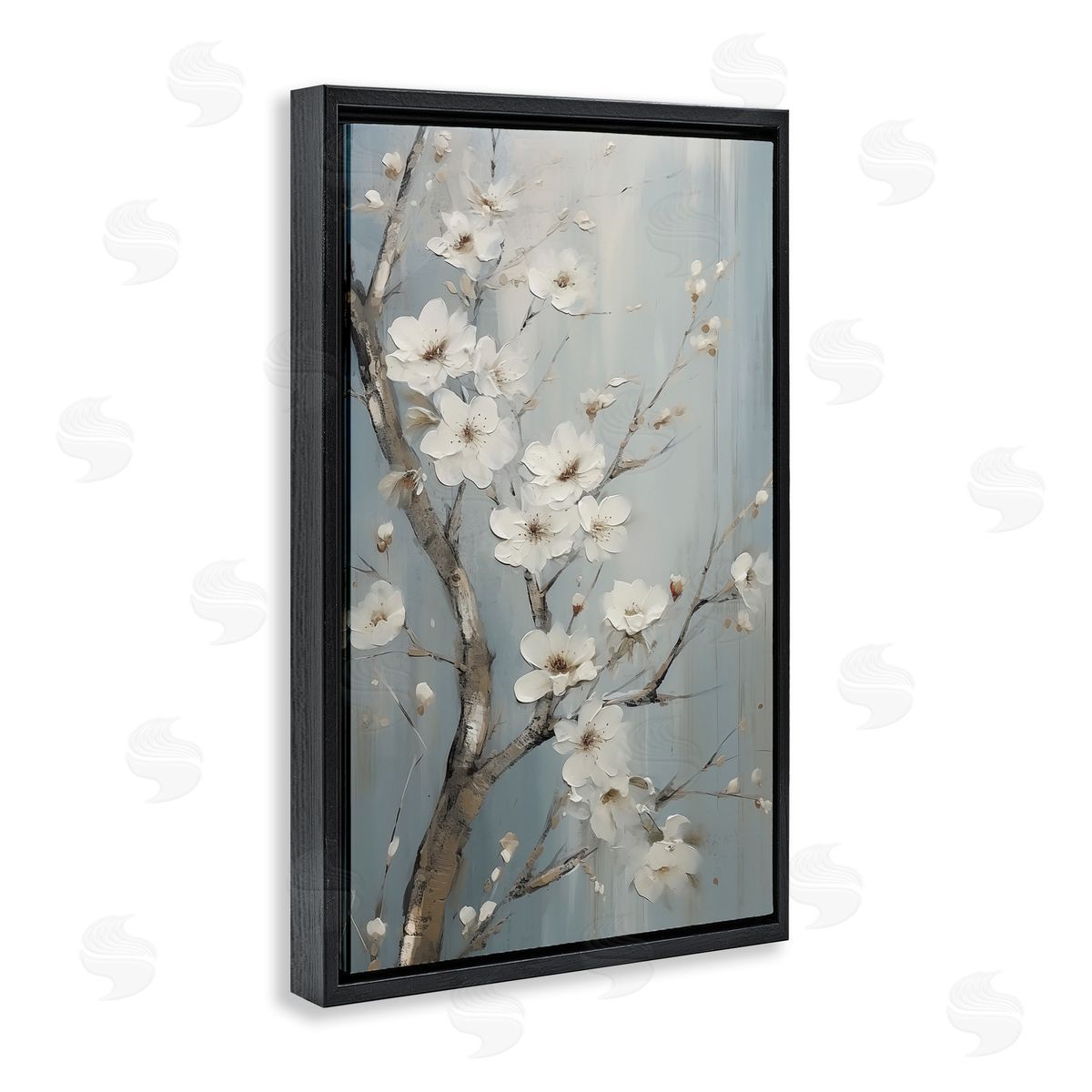 White Cherry Blossoms Black Floating Frame Canvas Wall Art, Home Decor by Sasha