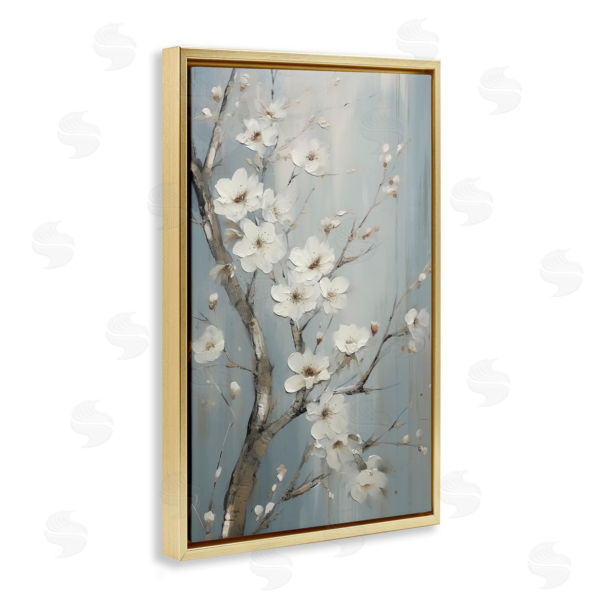 White Cherry Blossoms Gold Floating Frame Canvas Wall Art, Home Decor by Sasha