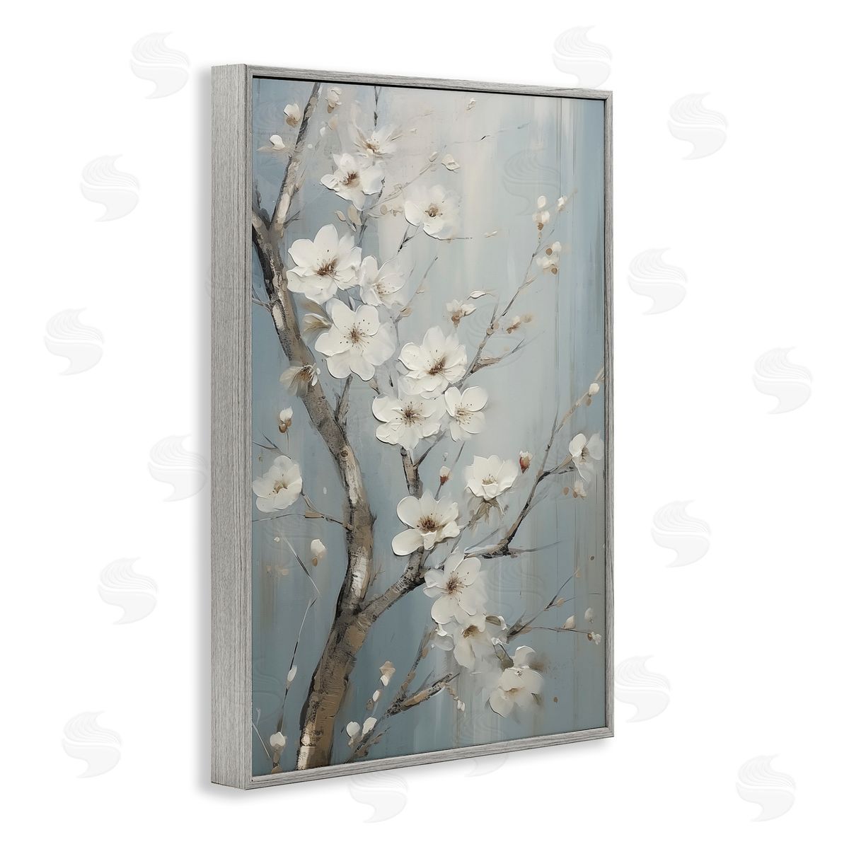 White Cherry Blossoms Grey Frame Print Wall Art, Home Decor by Sasha