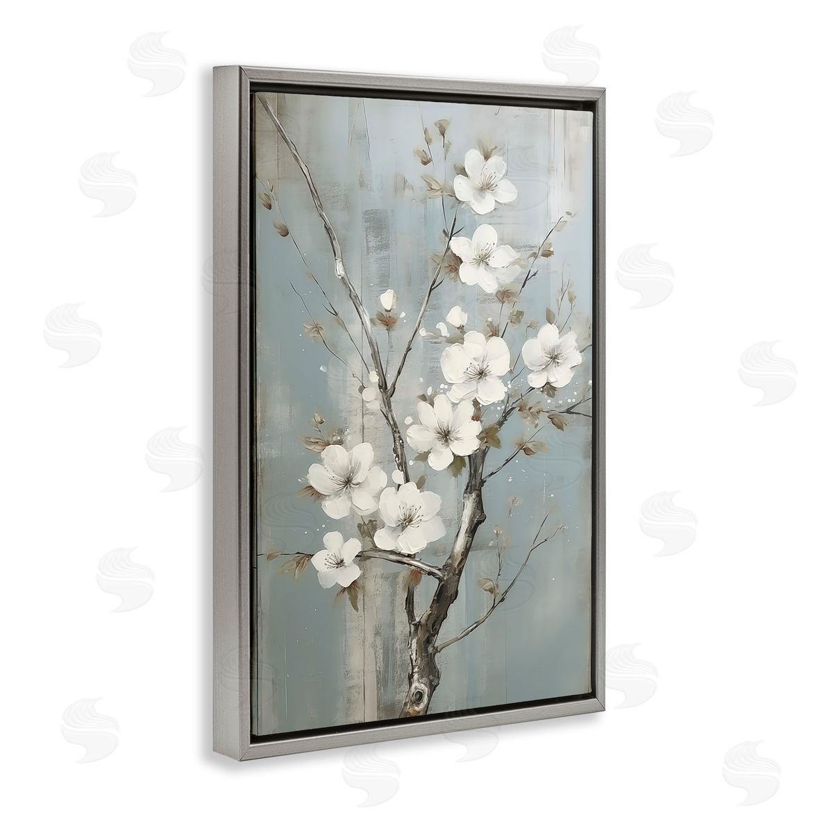 White Apple Blossoms Grey Floating Frame Canvas Wall Art, Home Decor by Sasha