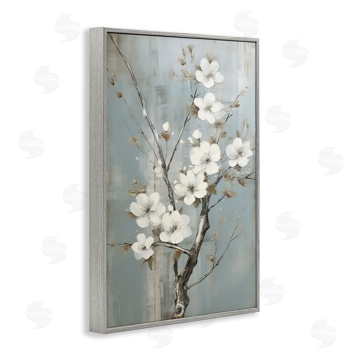 White Apple Blossoms Grey Frame Print Wall Art, Home Decor by Sasha