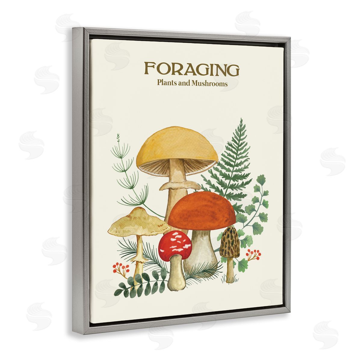Vintage Foraging Mushrooms Grey Floating Frame Canvas Wall Art, Home Decor by Sharon Lee
