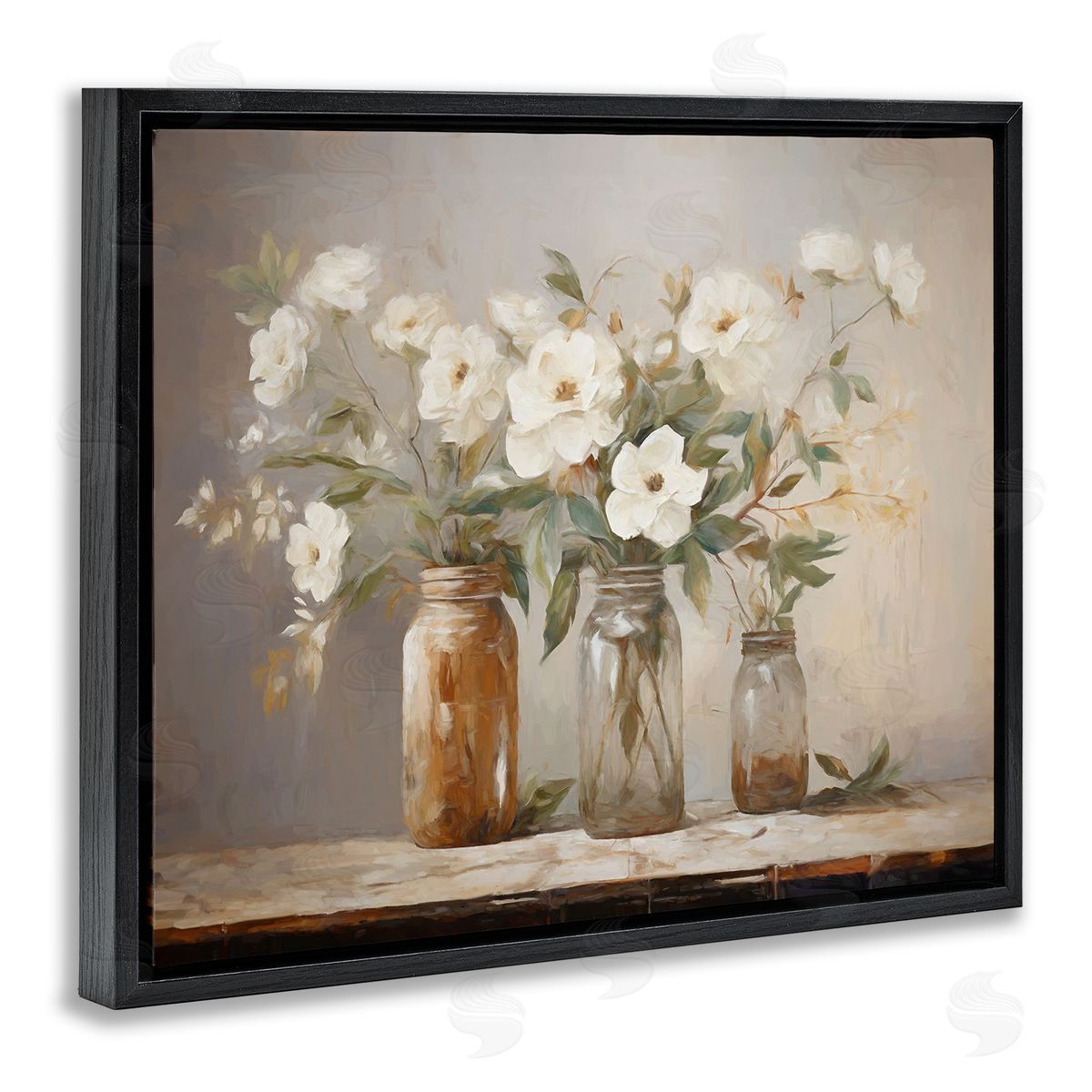 Country Magnolia Jars Black Floating Frame Canvas Wall Art, Home Decor by Ramona Murdock
