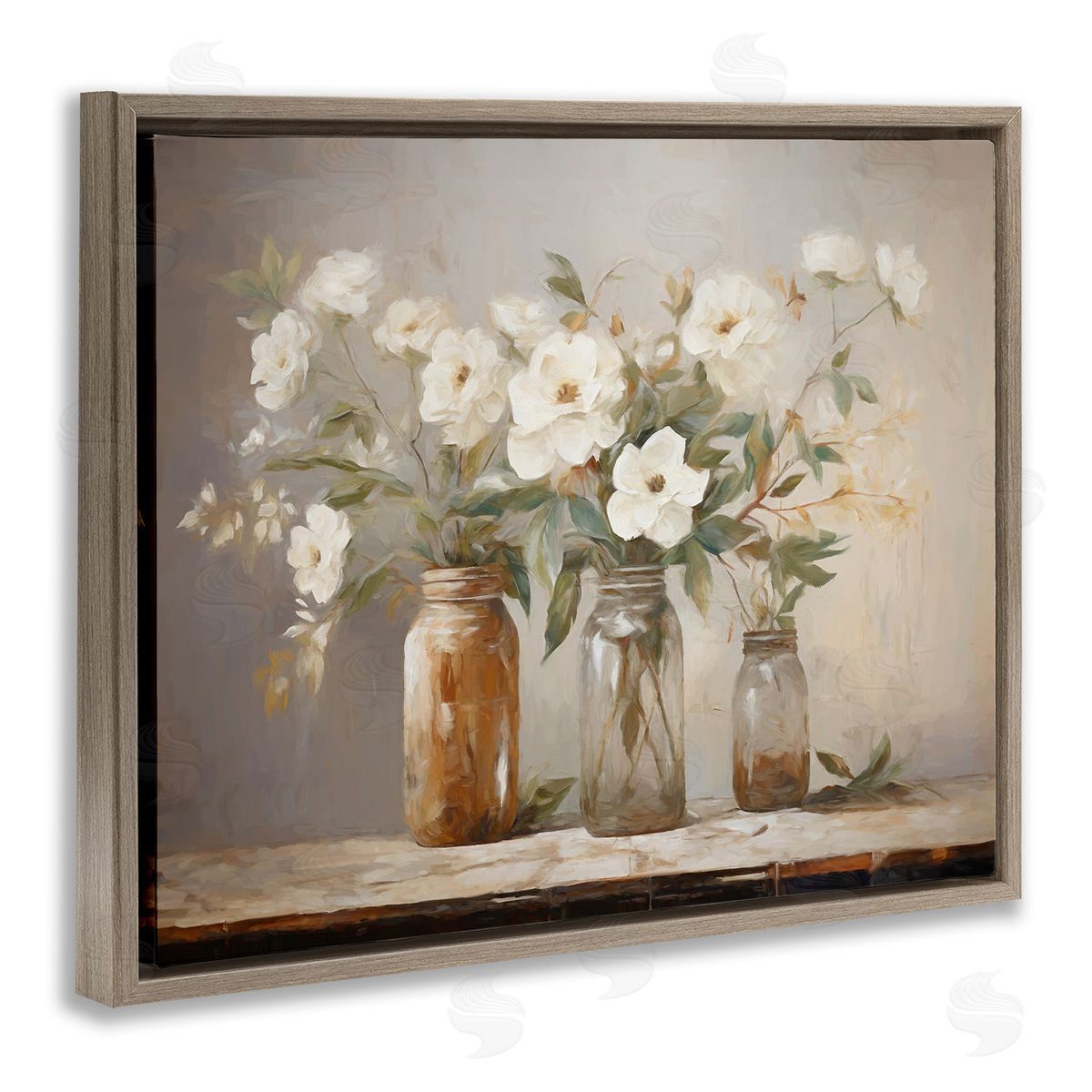 Country Magnolia Jars Brown Floating Frame Canvas Wall Art, Home Decor by Ramona Murdock