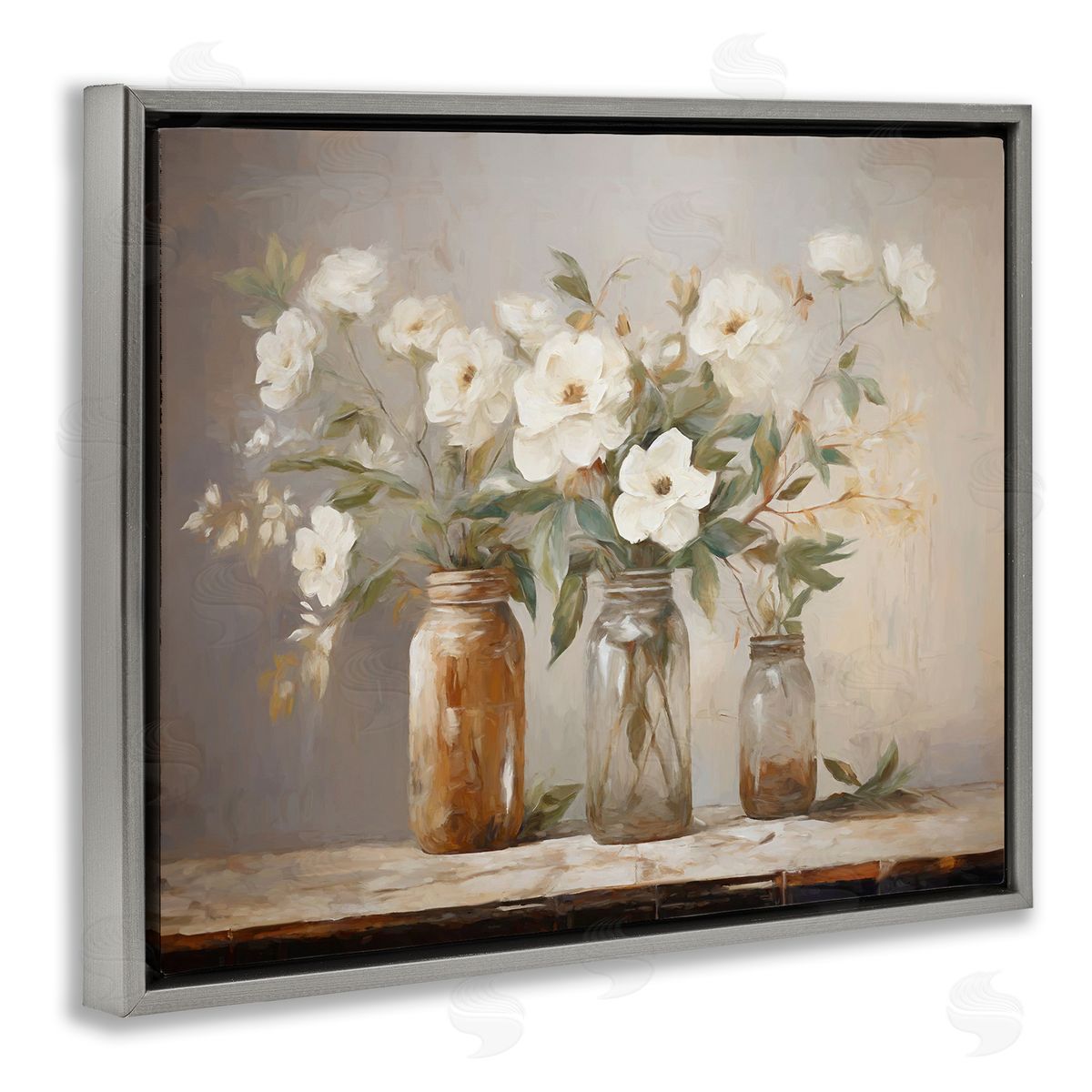 Country Magnolia Jars Grey Floating Frame Canvas Wall Art, Home Decor by Ramona Murdock