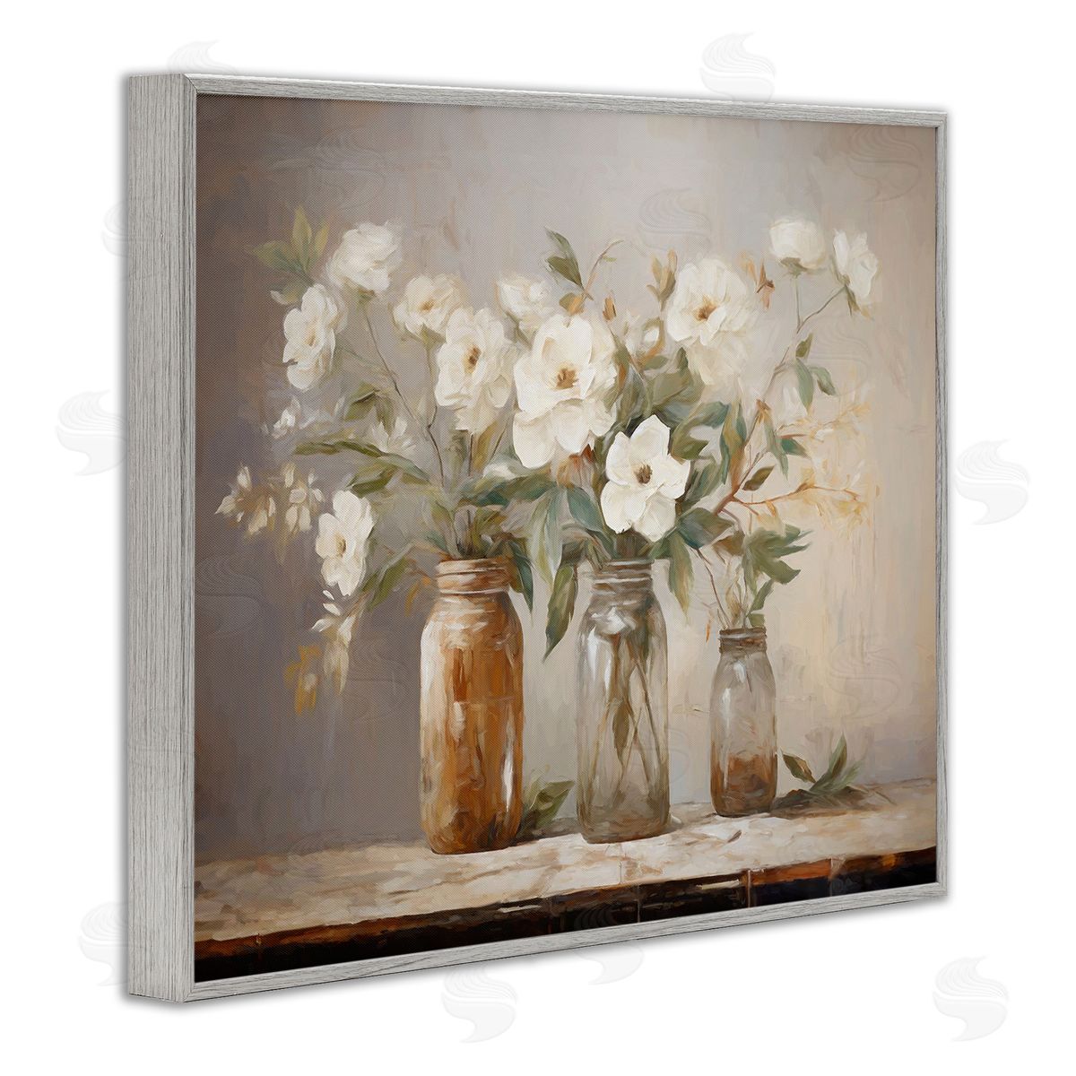 Country Magnolia Jars Grey Frame Print Wall Art, Home Decor by Ramona Murdock