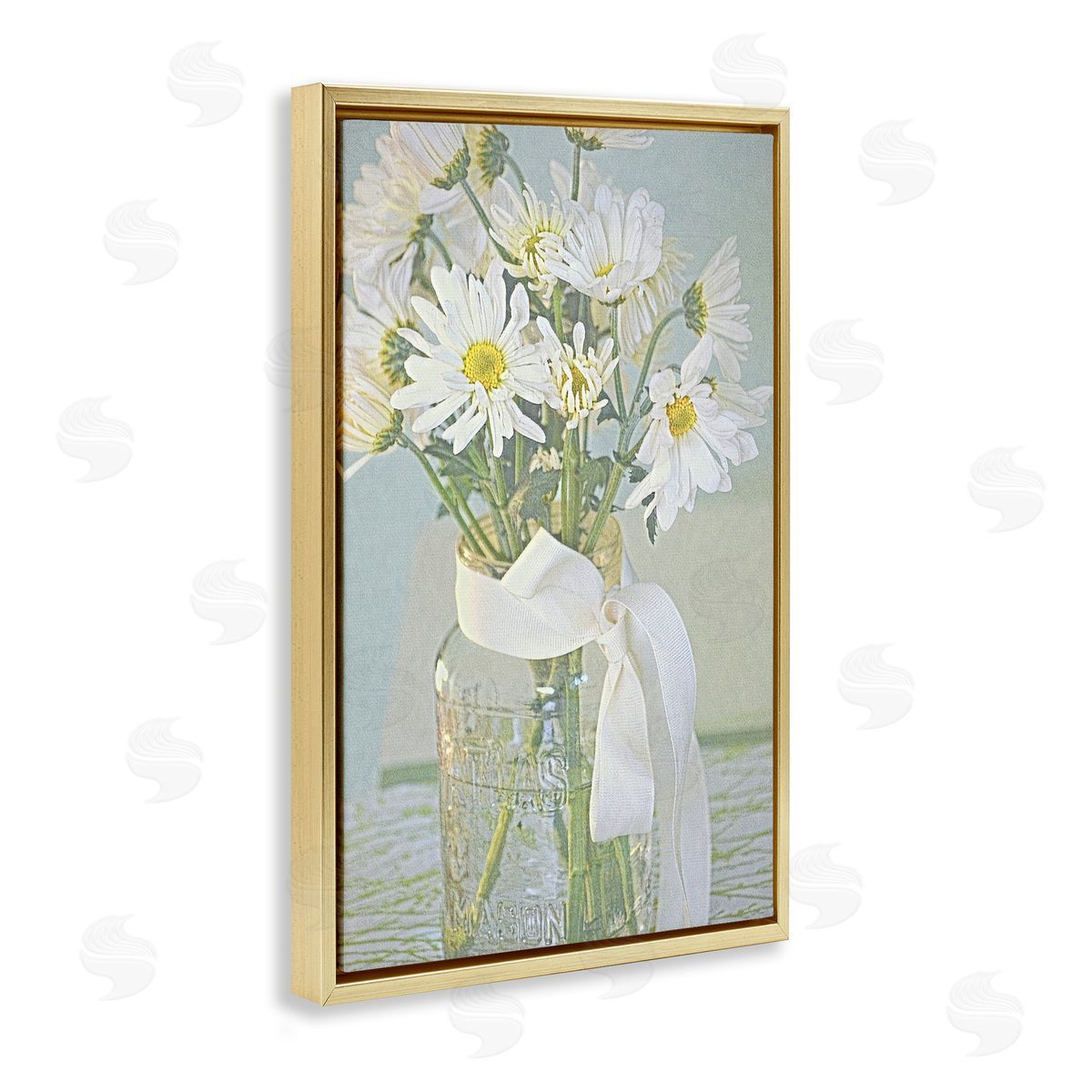 Faded Daisies Jar Gold Floating Frame Canvas Wall Art, Home Decor by Gail Peck