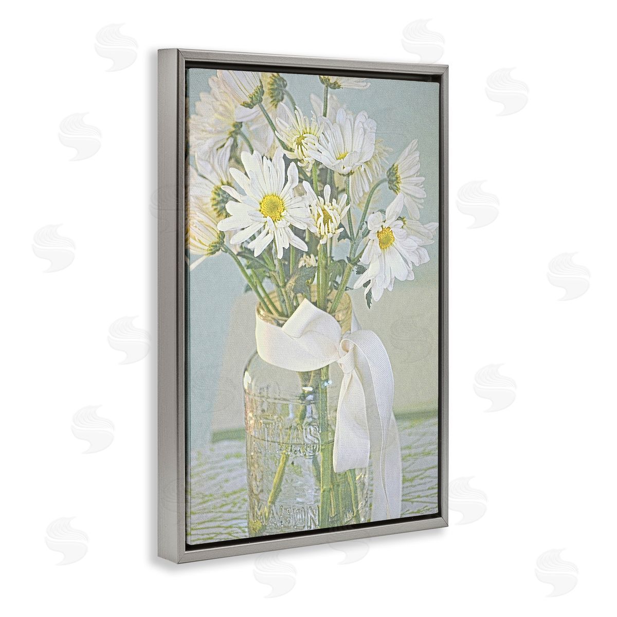 Faded Daisies Jar Grey Floating Frame Canvas Wall Art, Home Decor by Gail Peck