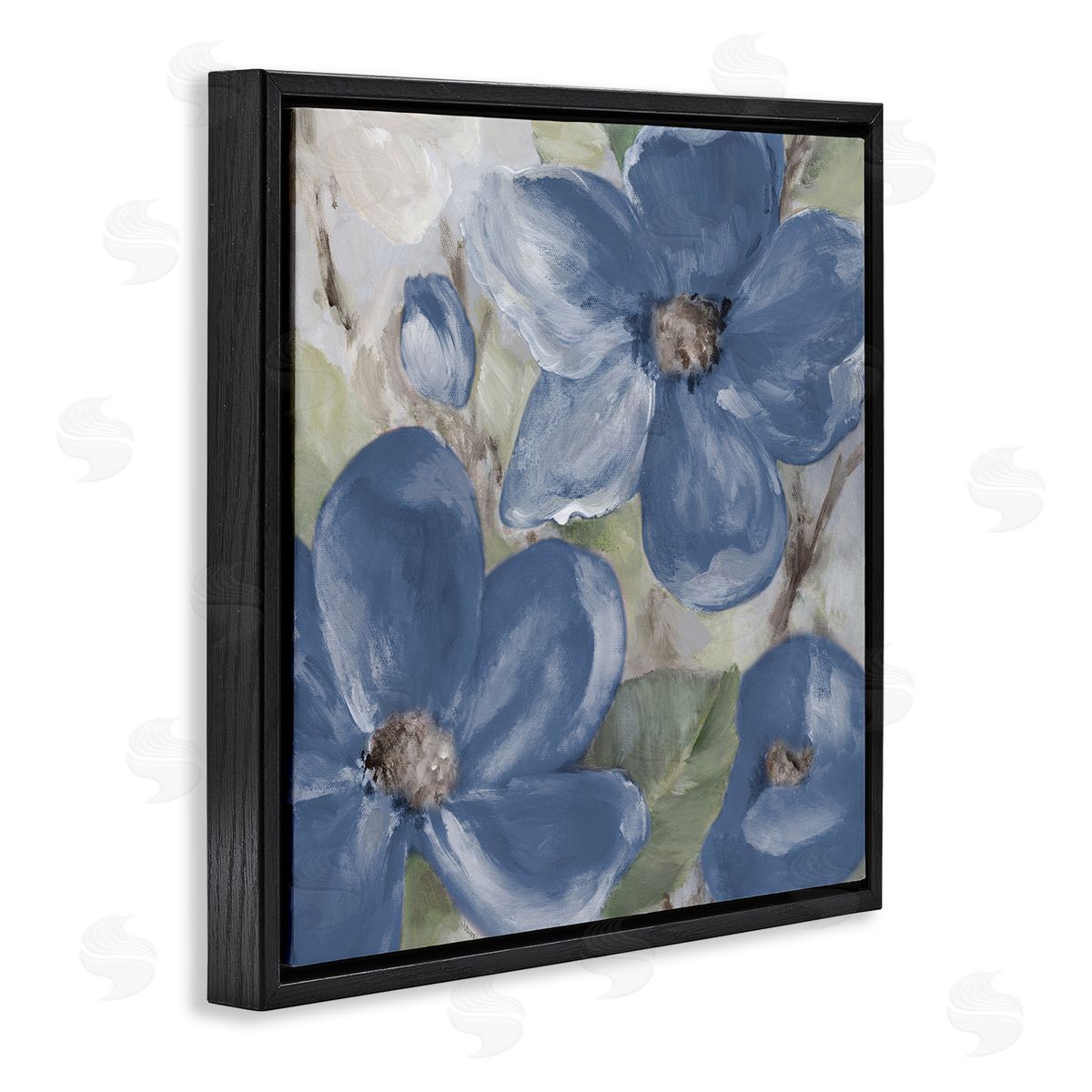 Silently Blue Bloom Black Floating Frame Canvas Wall Art, Home Decor by Lanie Loreth