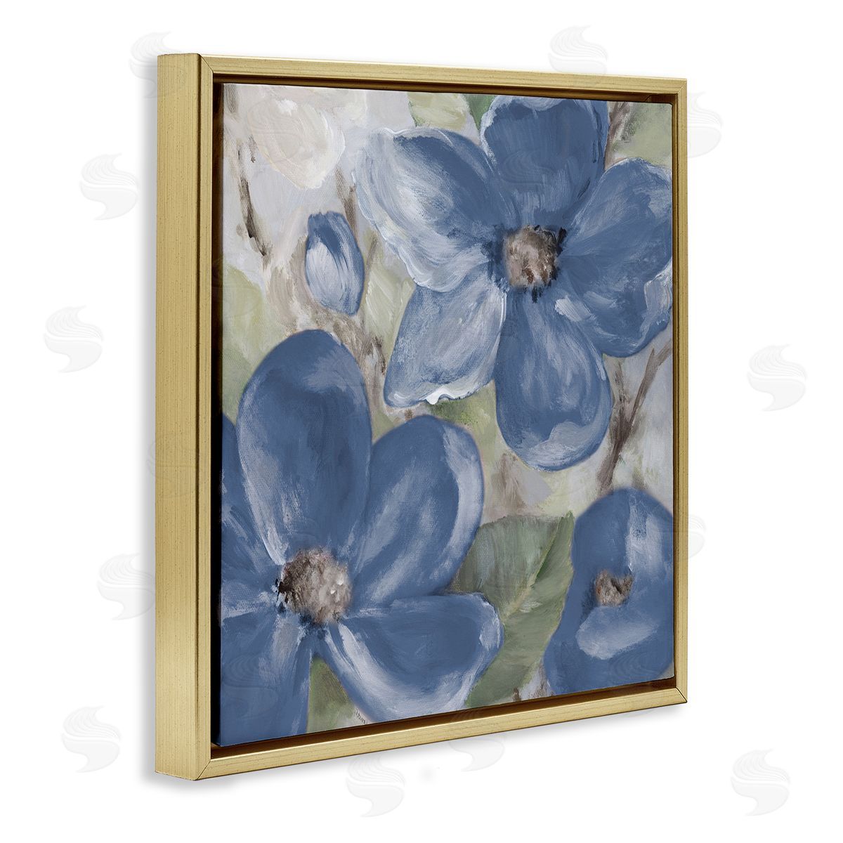 Silently Blue Bloom Gold Floating Frame Canvas Wall Art, Home Decor by Lanie Loreth