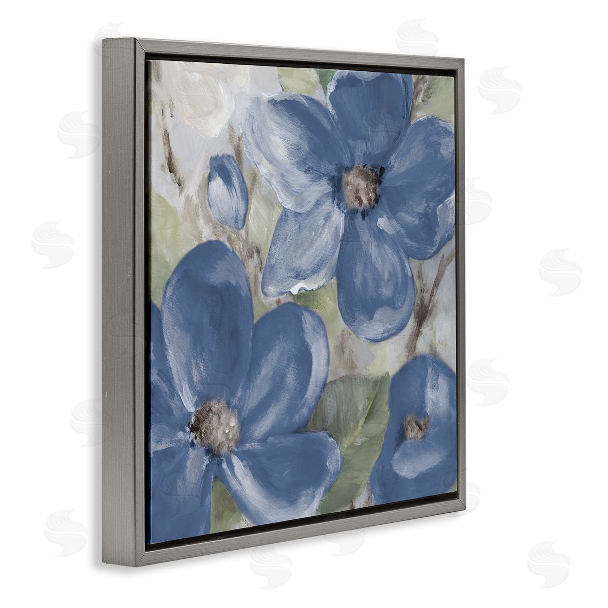 Silently Blue Bloom Grey Floating Frame Canvas Wall Art, Home Decor by Lanie Loreth