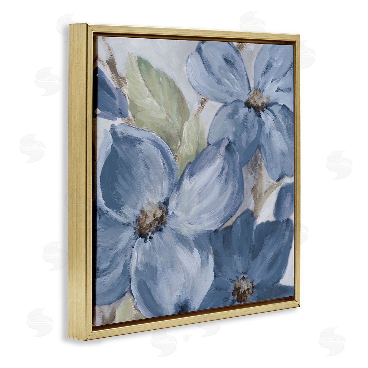 Silent Blue Bloom Gold Floating Frame Canvas Wall Art, Home Decor by Lanie Loreth