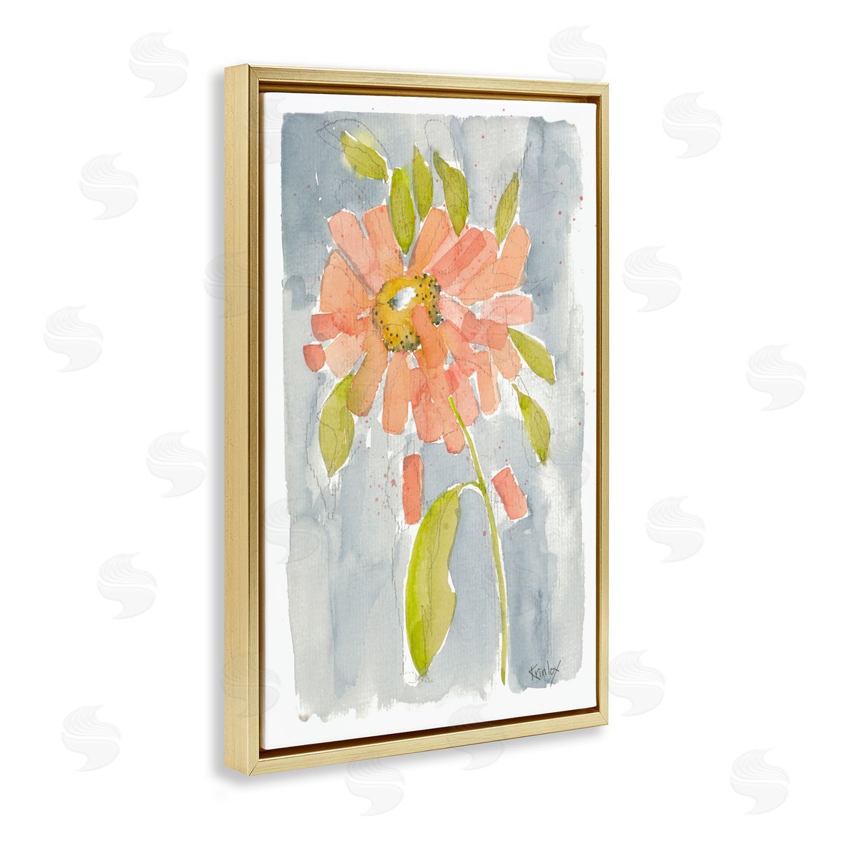 Abstract Peach Dahlia Gold Floating Frame Canvas Wall Art, Home Decor by Krinlox