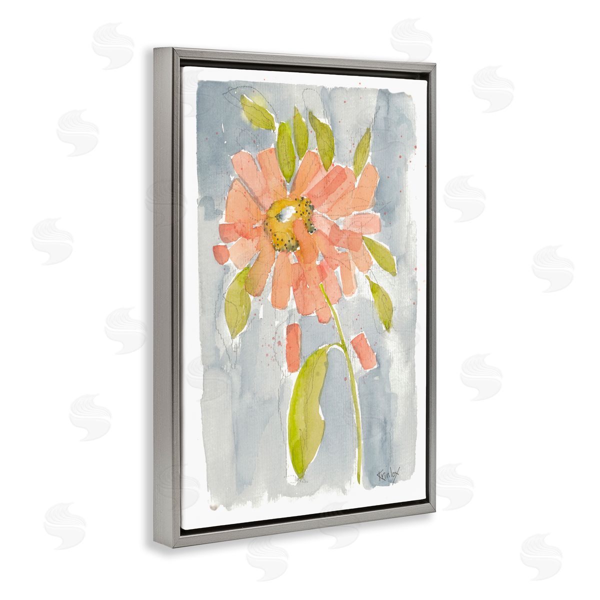 Abstract Peach Dahlia Grey Floating Frame Canvas Wall Art, Home Decor by Krinlox