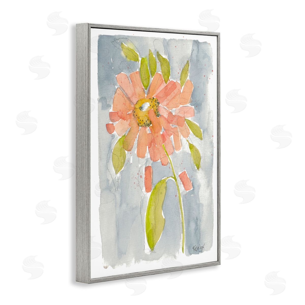 Abstract Peach Dahlia Grey Frame Print Wall Art, Home Decor by Krinlox