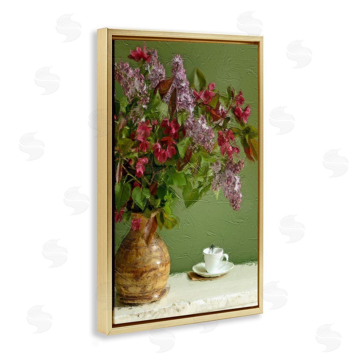 Flowers and Teacup Gold Floating Frame Canvas Wall Art, Home Decor by Sundance Group, LLC.