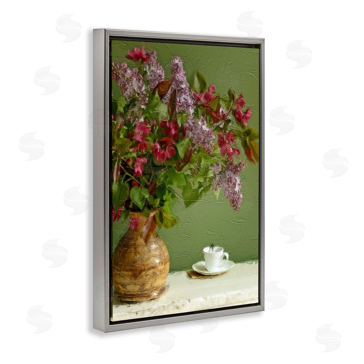 Flowers and Teacup Grey Floating Frame Canvas Wall Art, Home Decor by Sundance Group, LLC.