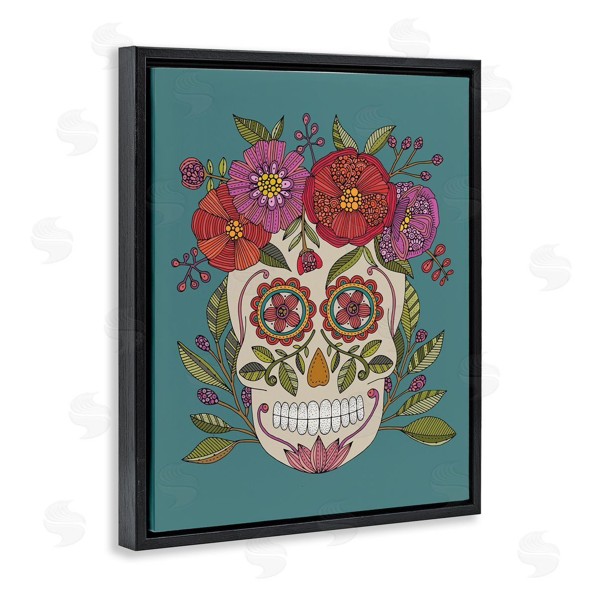 Floral Sugar Skull Black Floating Frame Canvas Wall Art, Home Decor by Valentina Harper