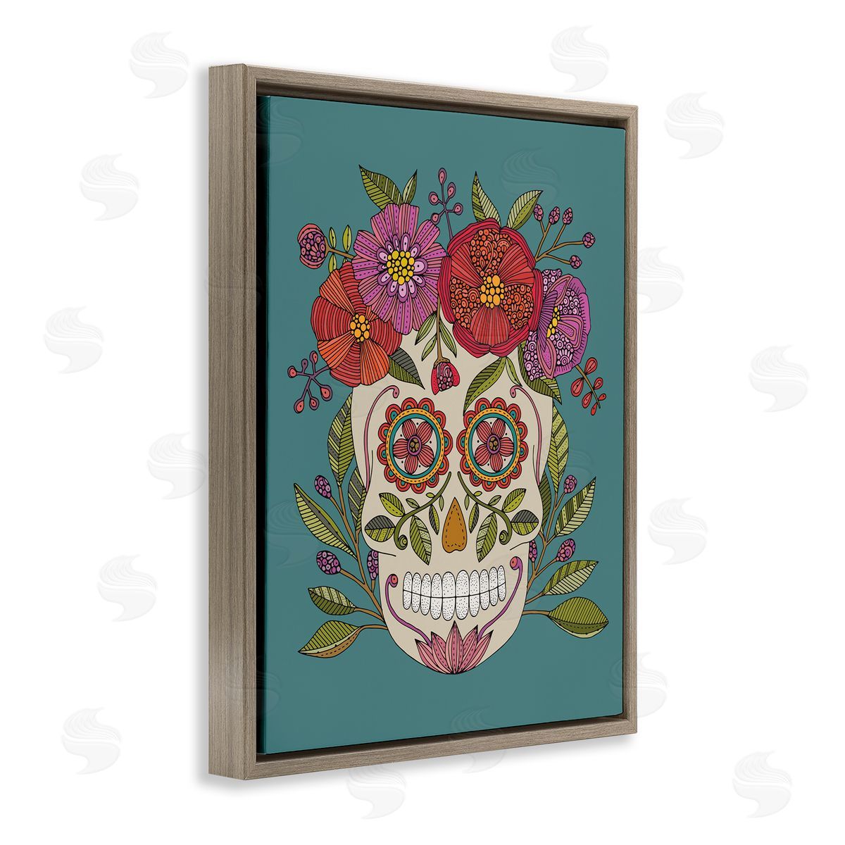 Floral Sugar Skull Brown Floating Frame Canvas Wall Art, Home Decor by Valentina Harper