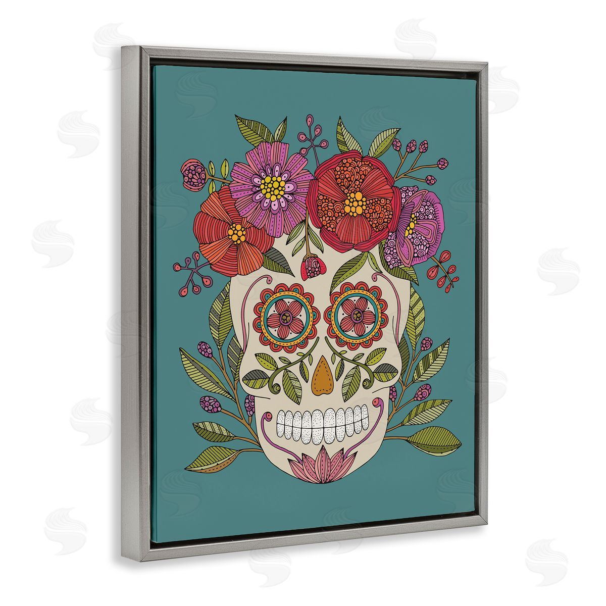 Floral Sugar Skull Grey Floating Frame Canvas Wall Art, Home Decor by Valentina Harper