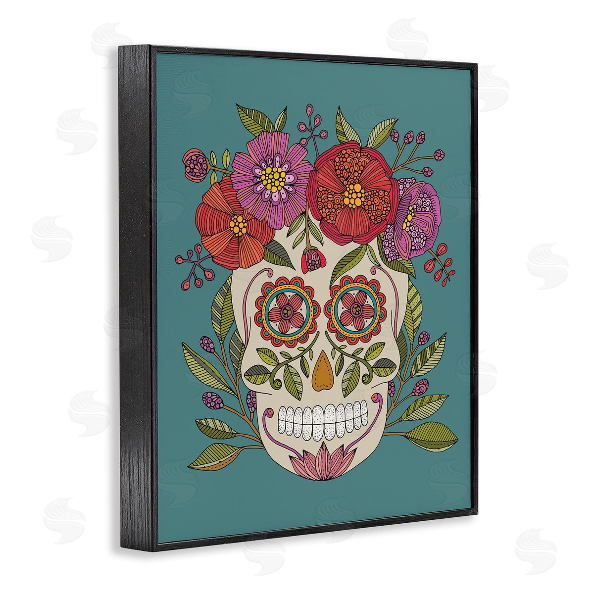 Floral Sugar Skull Black Frame Print Wall Art, Home Decor by Valentina Harper