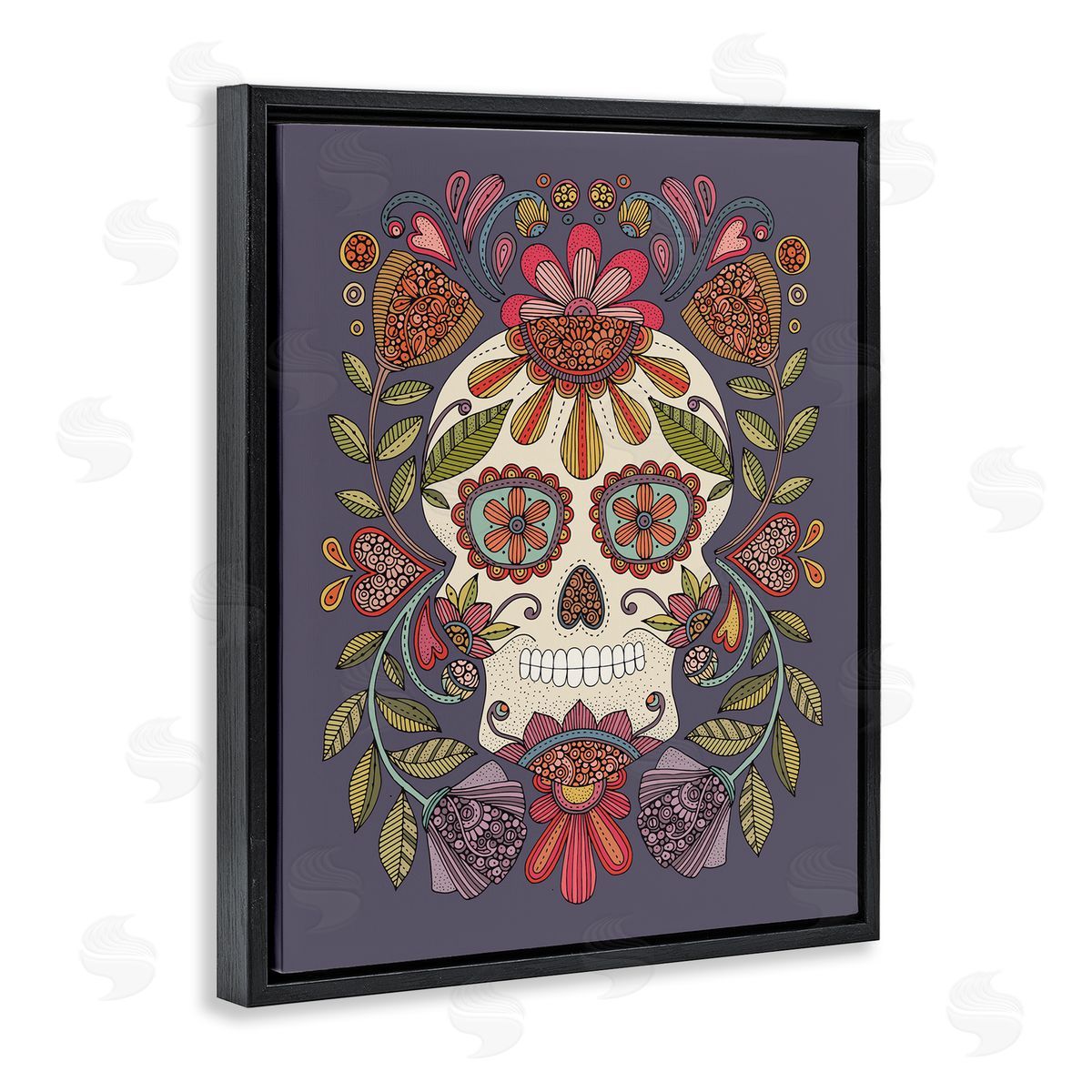 Patterned Sugar Skull Black Floating Frame Canvas Wall Art, Home Decor by Valentina Harper
