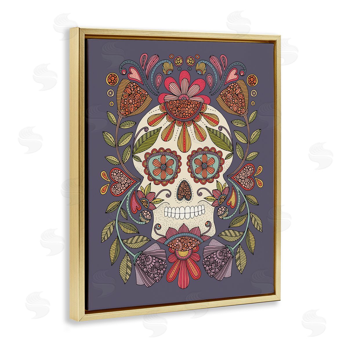 Patterned Sugar Skull Gold Floating Frame Canvas Wall Art, Home Decor by Valentina Harper