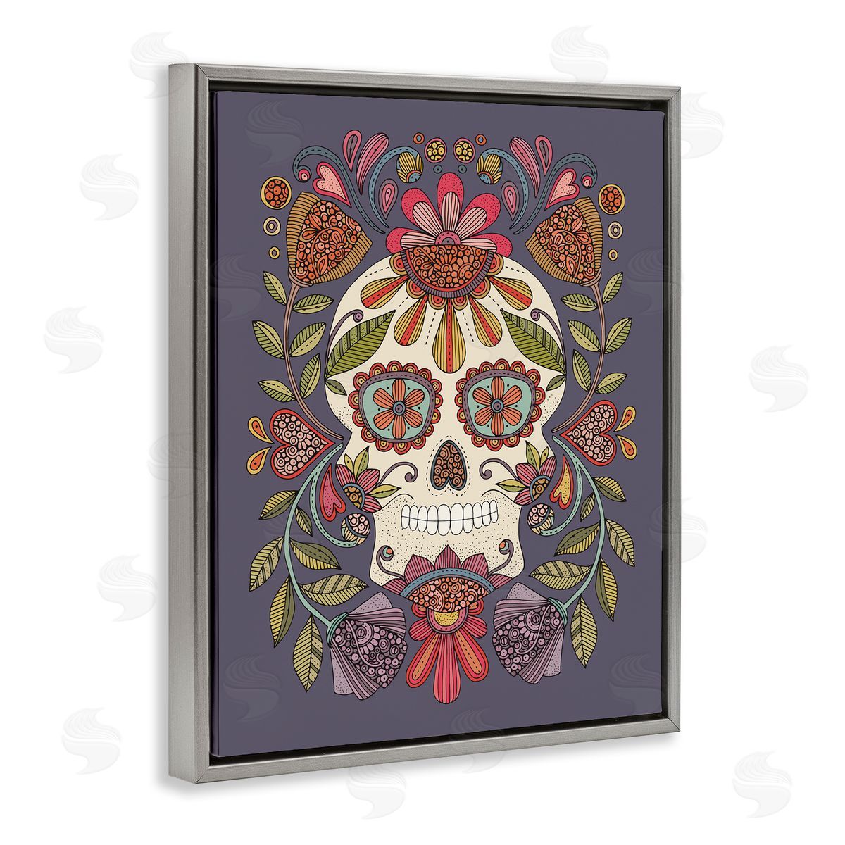 Patterned Sugar Skull Grey Floating Frame Canvas Wall Art, Home Decor by Valentina Harper