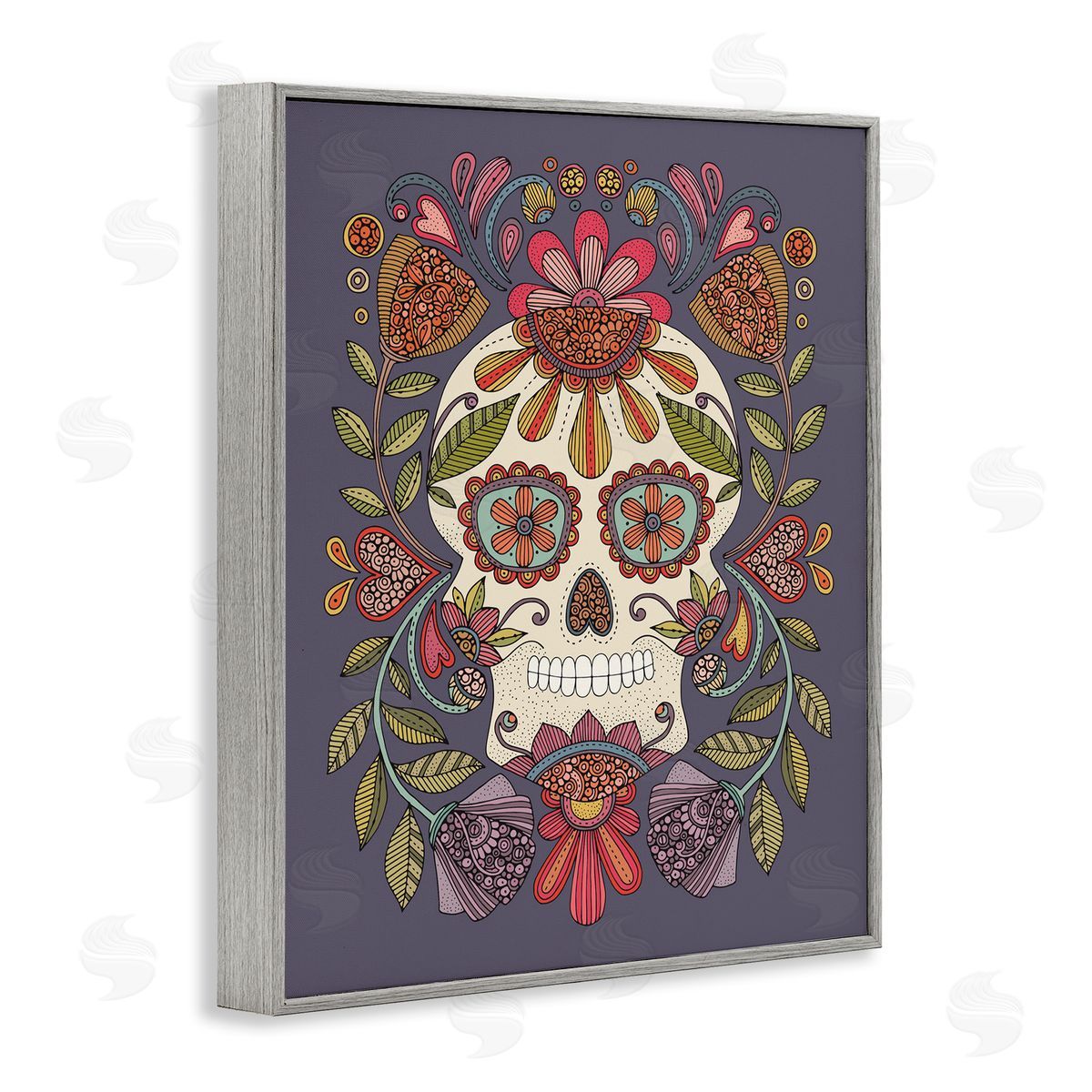 Patterned Sugar Skull Grey Frame Print Wall Art, Home Decor by Valentina Harper