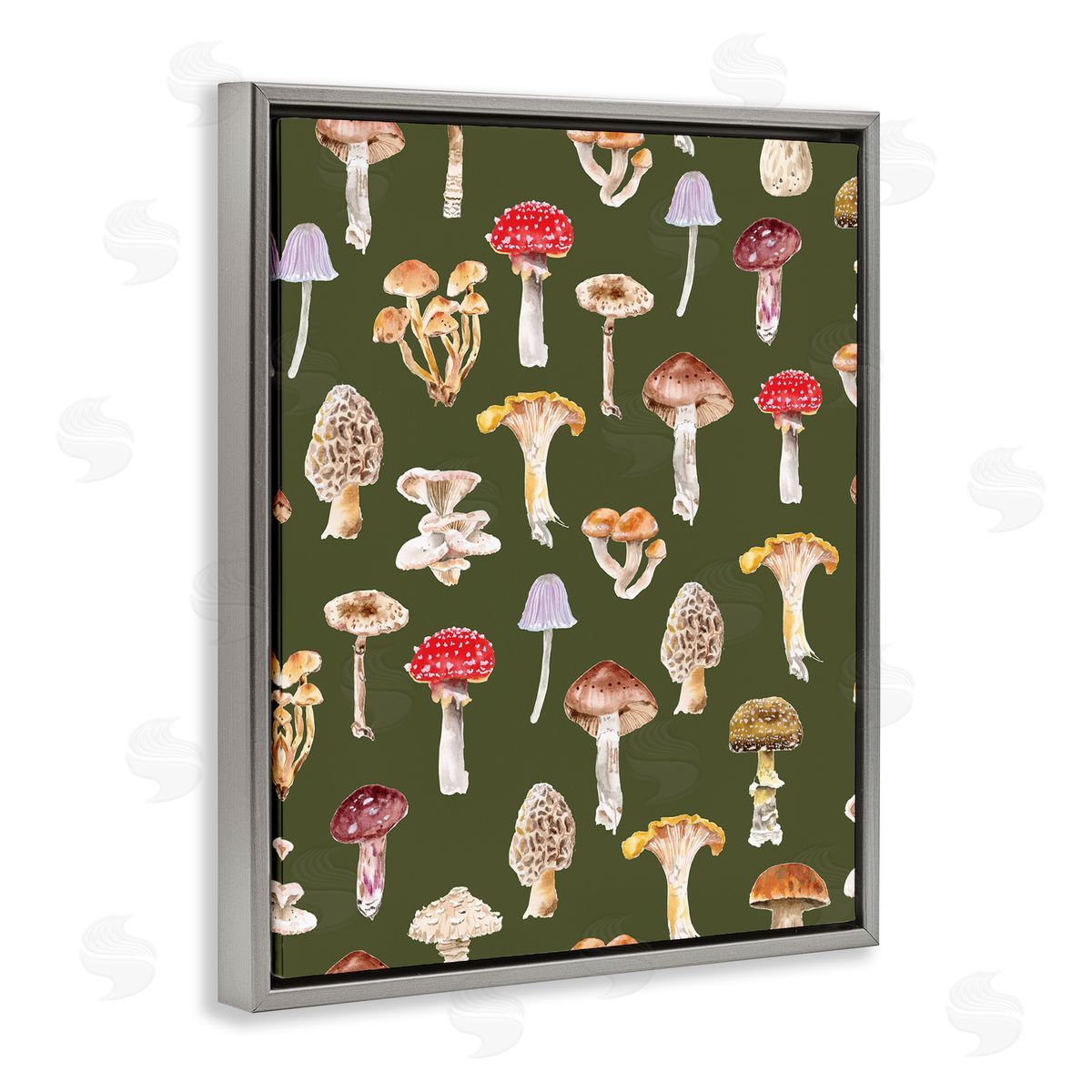 Mushrooms Repeating Pattern Grey Floating Frame Canvas Wall Art, Home Decor by Two If By Sea Studios
